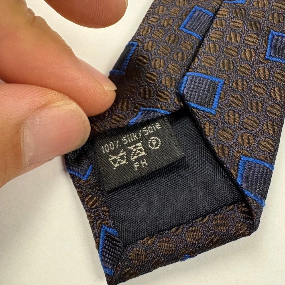 Canali Italy Silk Necktie Brown Blue Geometric Square Pattern Mens Tie 3.75